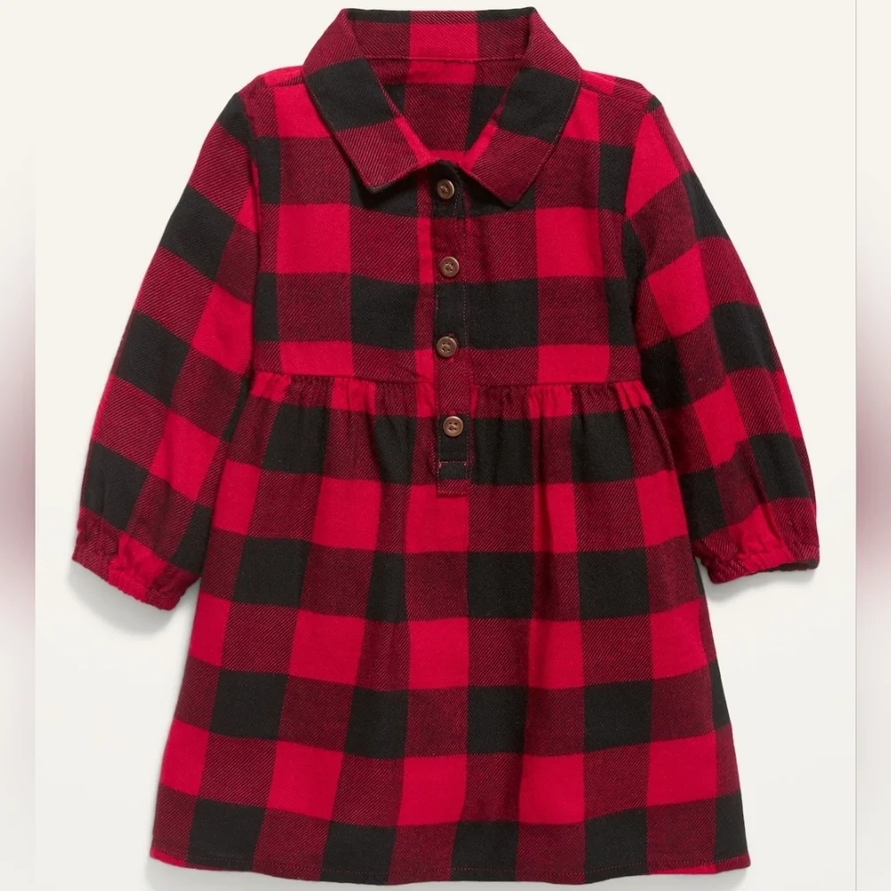 🌻 Old Navy Baby Girl Red Buffalo Check Plaid Flannel Shirt Dress 6-12 months